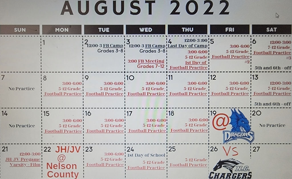 August 2022 5/6 Football calendar.  Contact Mark Bishop if you have any questions, 381-0325